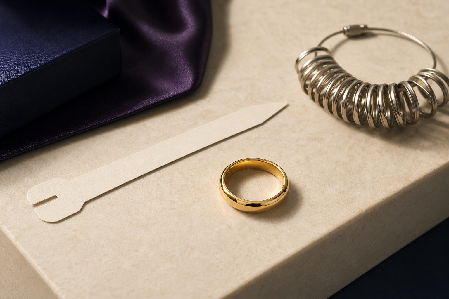 A yellow-gold ring beside a paper sizing strip and metal ring-sizing loops