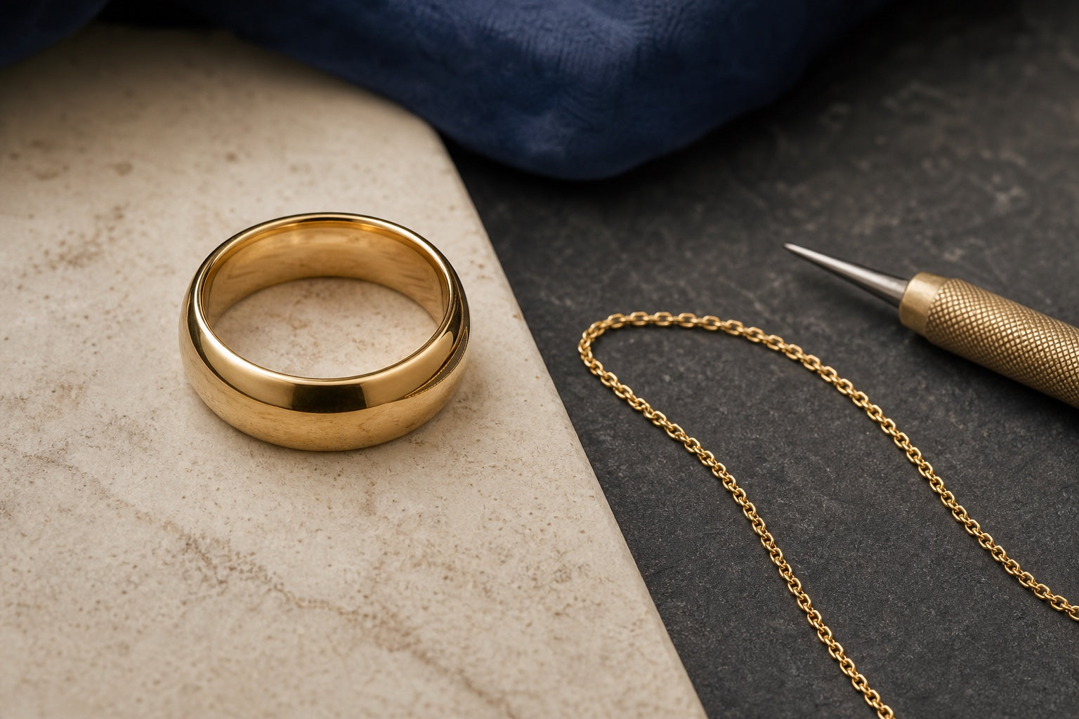 A polished yellow-gold band and fine gold-tone chain on a jeweler's work surface