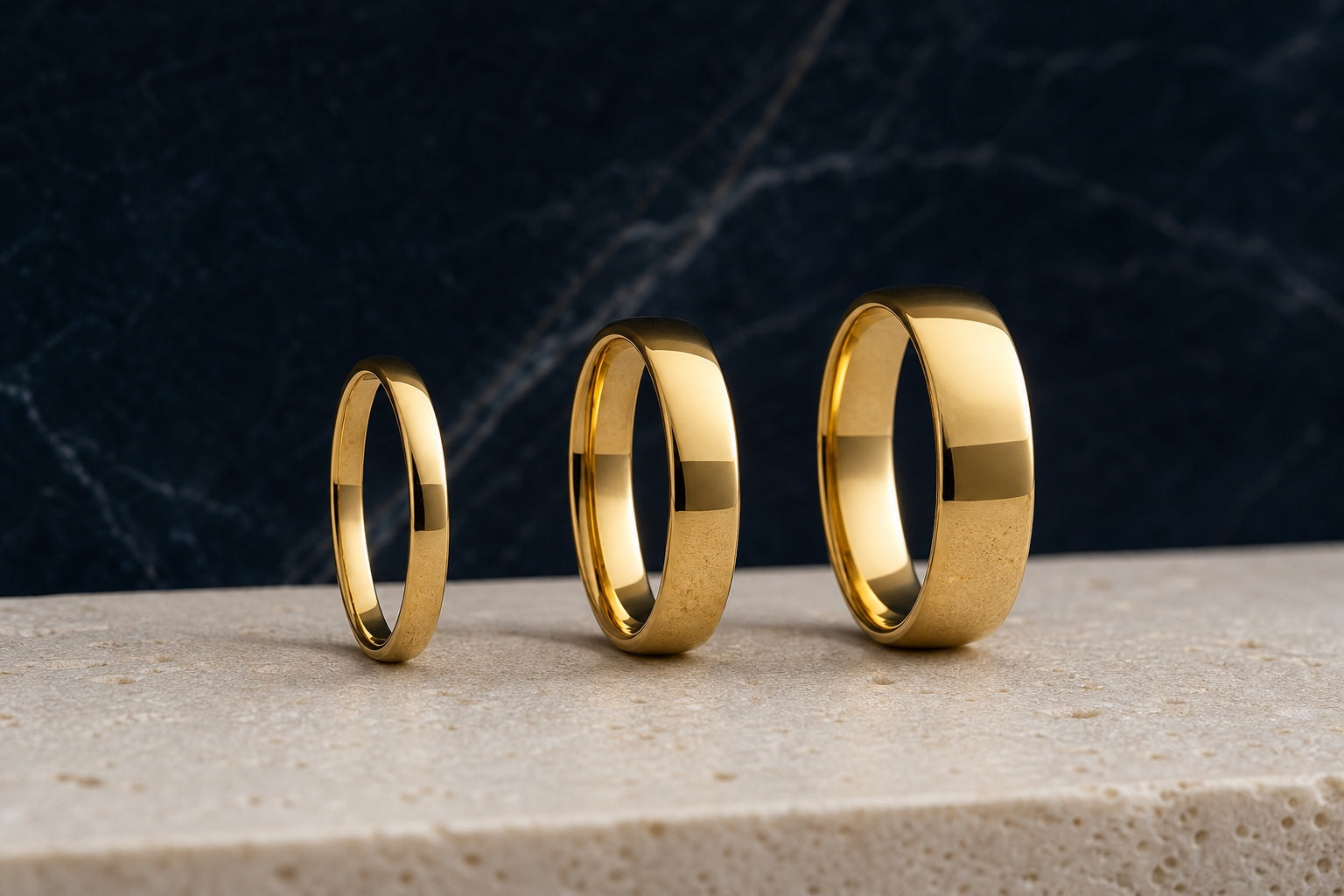 Three polished yellow-gold bands in slim, medium, and wide profiles